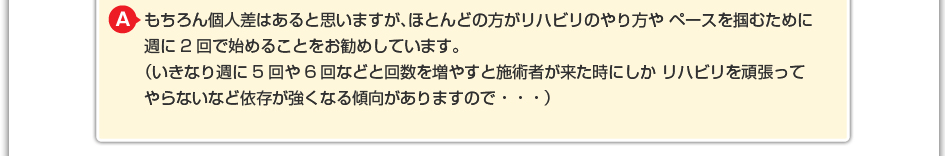 もちろん個人差はあると思いますが、ほとんどの方がリハビリのやり方や ペースを掴むために週に2回で始めることをお勧めしています。 （いきなり週に5回や6回などと回数を増やすと施術者が来た時にしか リハビリを頑張ってやらないなど依存が強くなる傾向がありますので・・・）